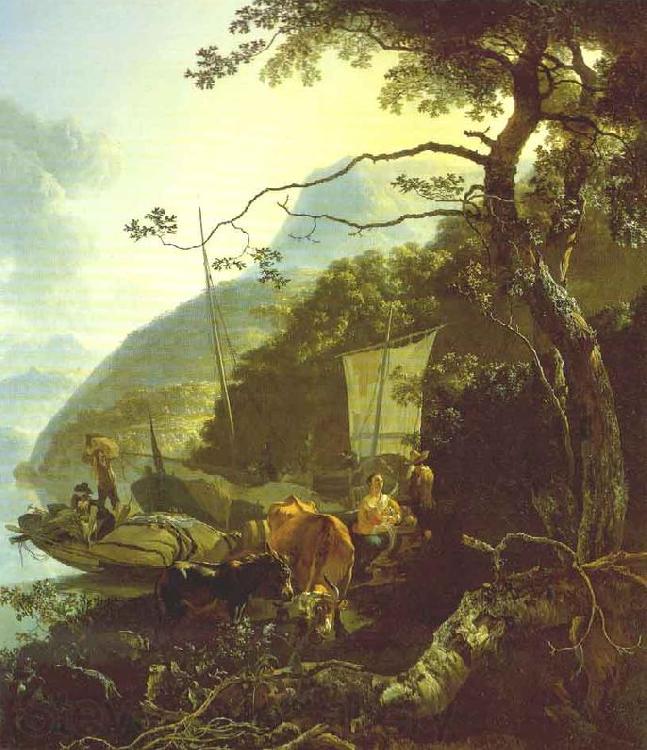 PYNACKER, Adam Boatmen Moored on the Shore of an Italian Lake  sg France oil painting art